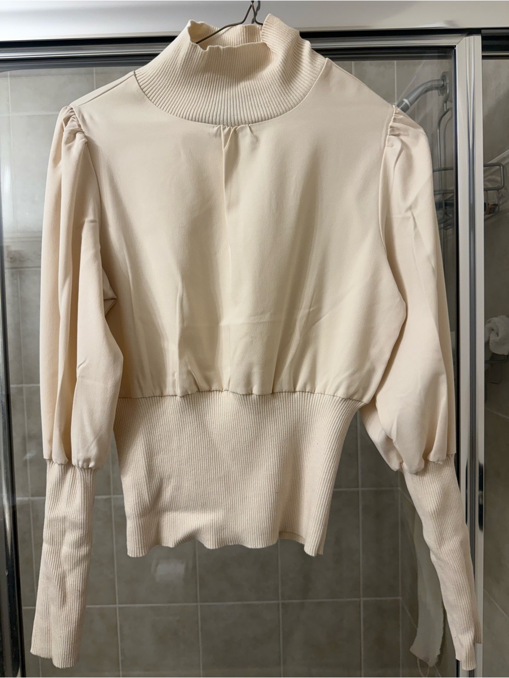 French Connection Cream Puff-Sleeve Ribbed Hem Turtleneck